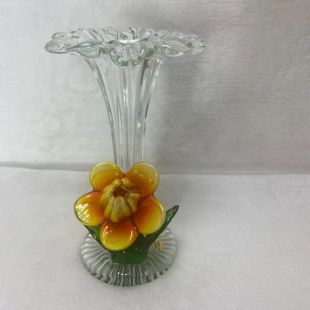 VTG  Hand‎ Blown Clear Art Glass Vase Yellow Orange Flower NOS